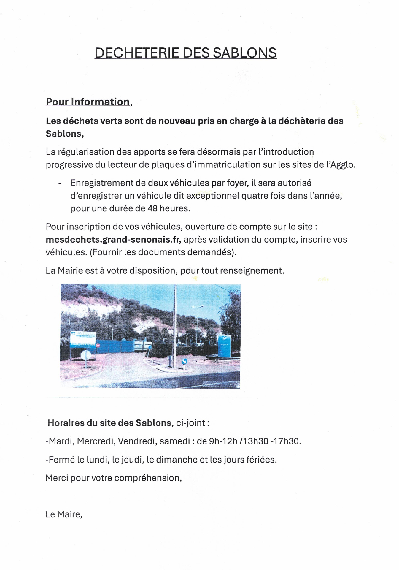 Déchèterie des Sablons, information.